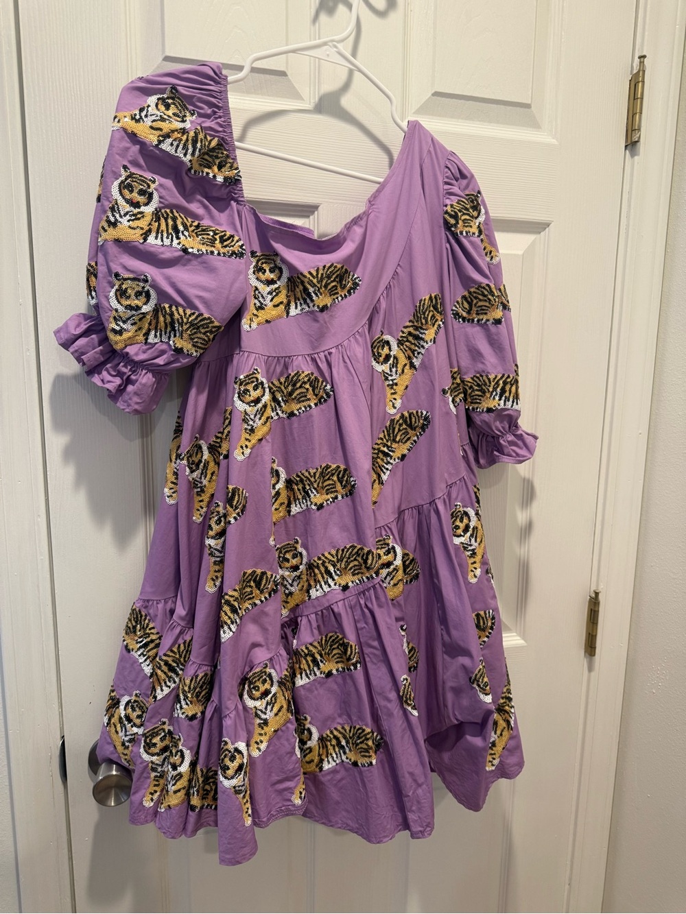 QUEEN OF SPARKLES Lavender Tiger Print Puff Sleeve Dress LSU